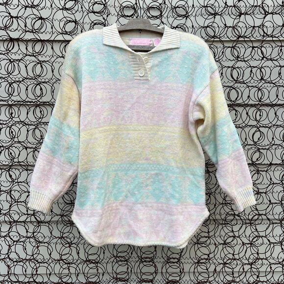 Vintage Sweaters - VTG Jan Taylor Pastel Stripe Henley Fair Isle Sweater pink green yellow MEDIUM